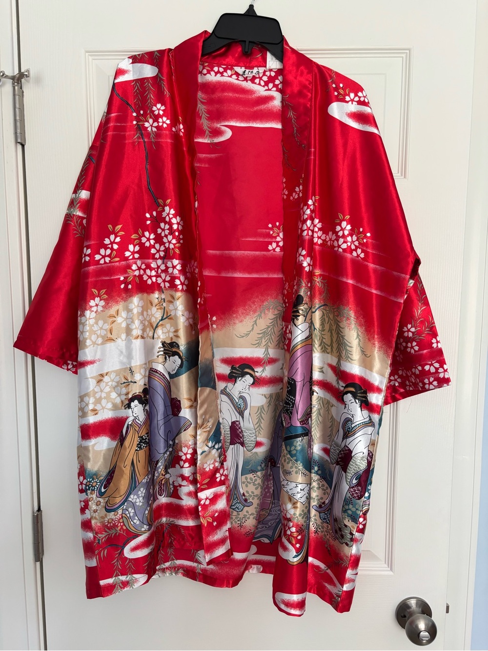 Red Satin Kimono with Geisha Print
